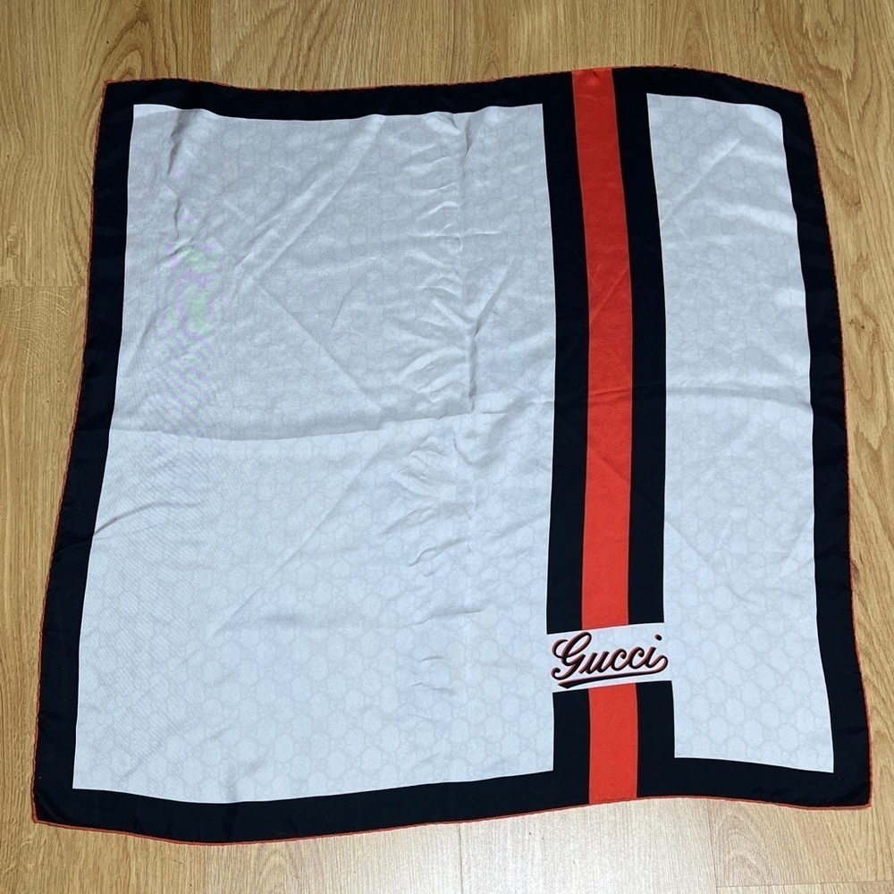 26” Gucci Black Orange White Logo Script Scarf 100% Silk